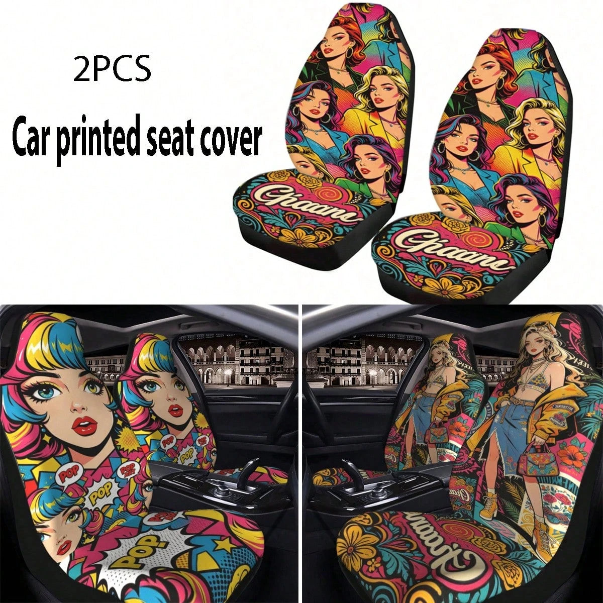 2pcs Full Coverage Car Seat Covers, Oil Painting & Cute Anime Girl Print, Classic Cartoon Personalized Creative Design Universal Car Seat Cushion Protector, Car Accessories, Ice Silk Fabric, Breathabl
