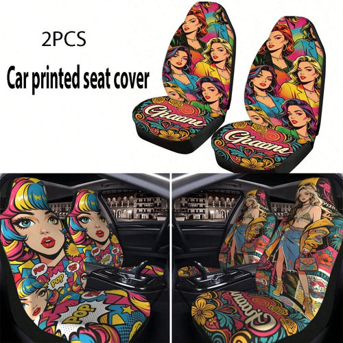 2pcs Full Coverage Car Seat Covers, Oil Painting & Cute Anime Girl Print, Classic Cartoon Personalized Creative Design Universal Car Seat Cushion Protector, Car Accessories, Ice Silk Fabric, Breathabl