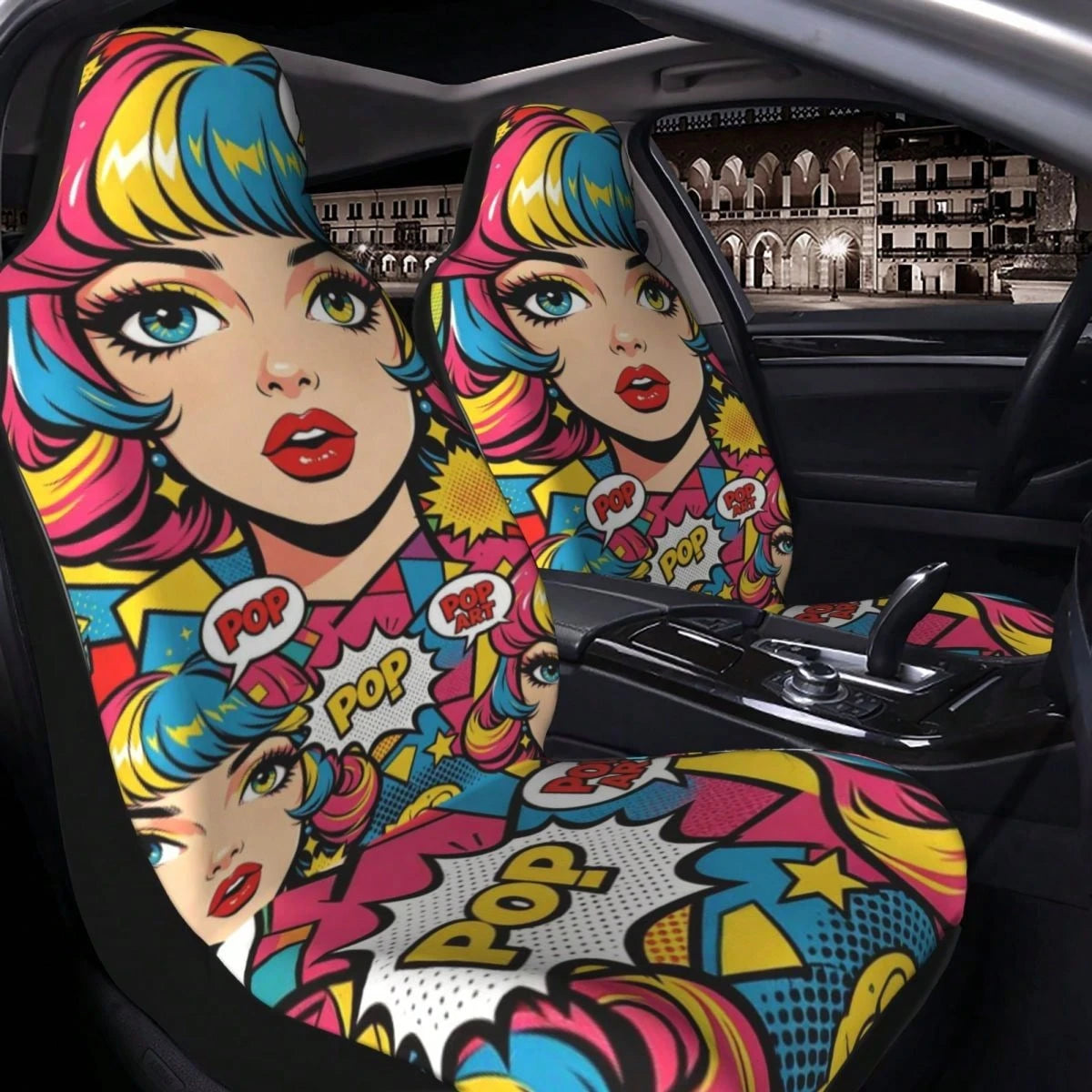 2pcs Full Coverage Car Seat Covers, Oil Painting & Cute Anime Girl Print, Classic Cartoon Personalized Creative Design Universal Car Seat Cushion Protector, Car Accessories, Ice Silk Fabric, Breathabl