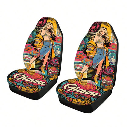 2pcs Full Coverage Car Seat Covers, Oil Painting & Cute Anime Girl Print, Classic Cartoon Personalized Creative Design Universal Car Seat Cushion Protector, Car Accessories, Ice Silk Fabric, Breathabl