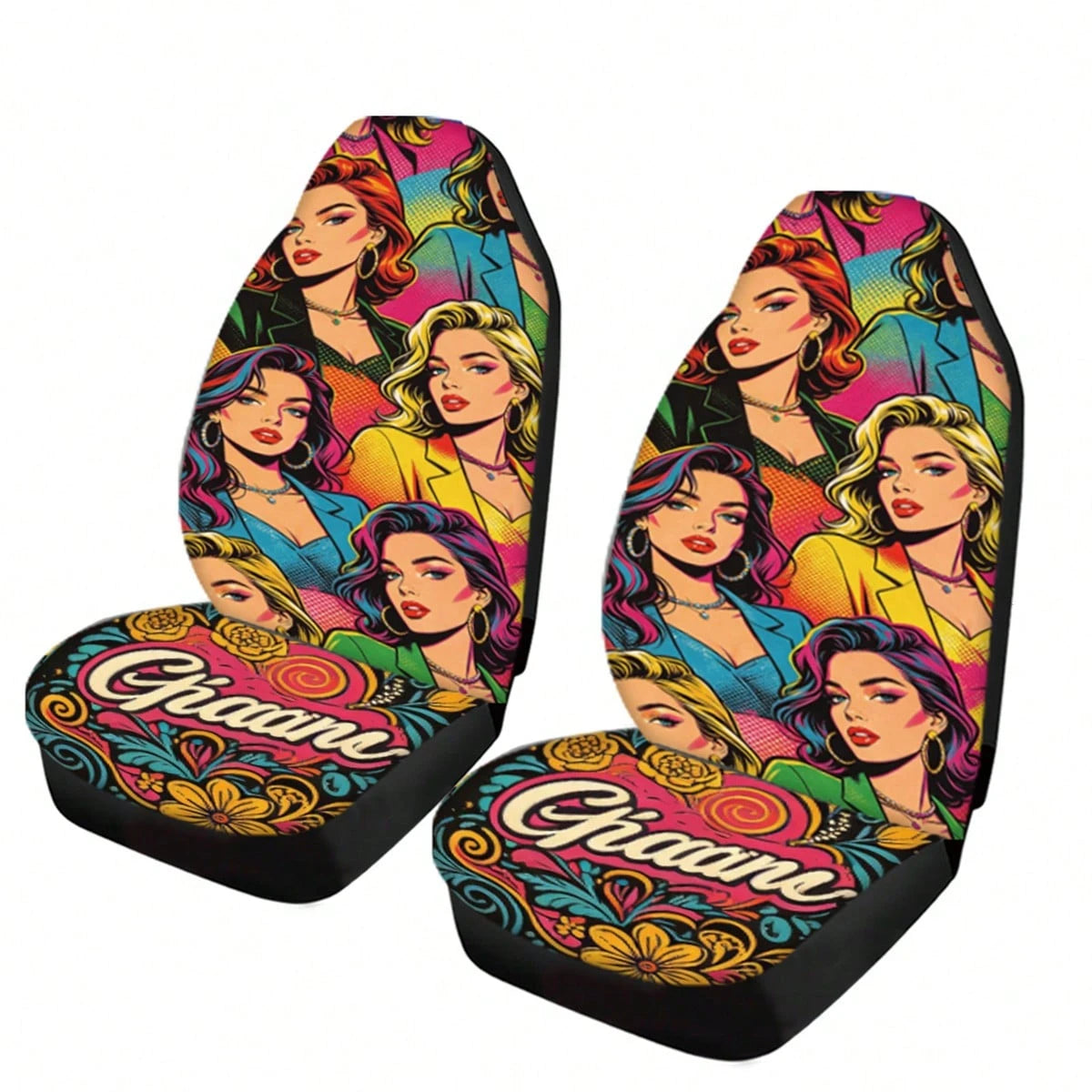 2pcs Full Coverage Car Seat Covers, Oil Painting & Cute Anime Girl Print, Classic Cartoon Personalized Creative Design Universal Car Seat Cushion Protector, Car Accessories, Ice Silk Fabric, Breathabl