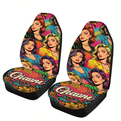 2pcs Full Coverage Car Seat Covers, Oil Painting & Cute Anime Girl Print, Classic Cartoon Personalized Creative Design Universal Car Seat Cushion Protector, Car Accessories, Ice Silk Fabric, Breathabl