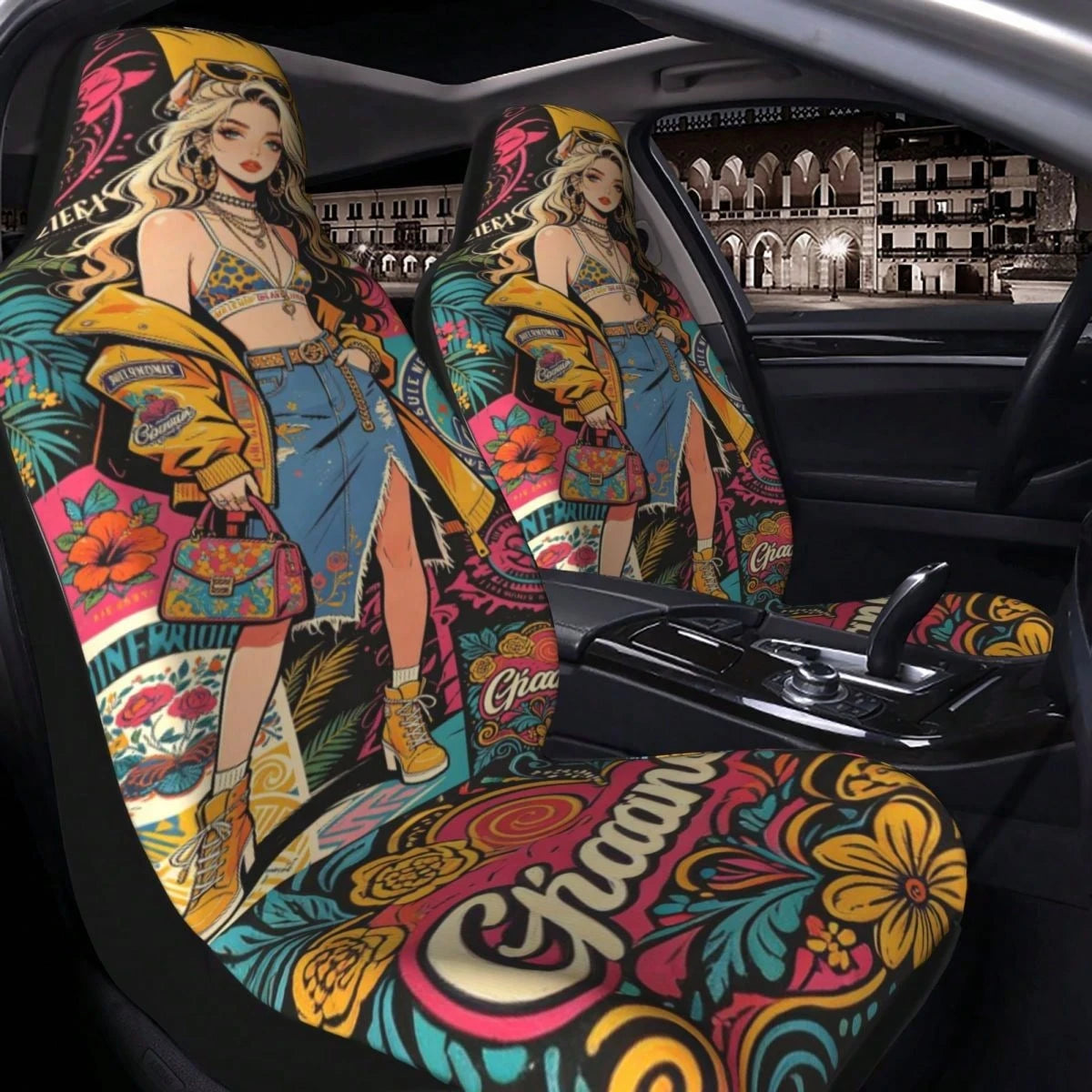2pcs Full Coverage Car Seat Covers, Oil Painting & Cute Anime Girl Print, Classic Cartoon Personalized Creative Design Universal Car Seat Cushion Protector, Car Accessories, Ice Silk Fabric, Breathabl