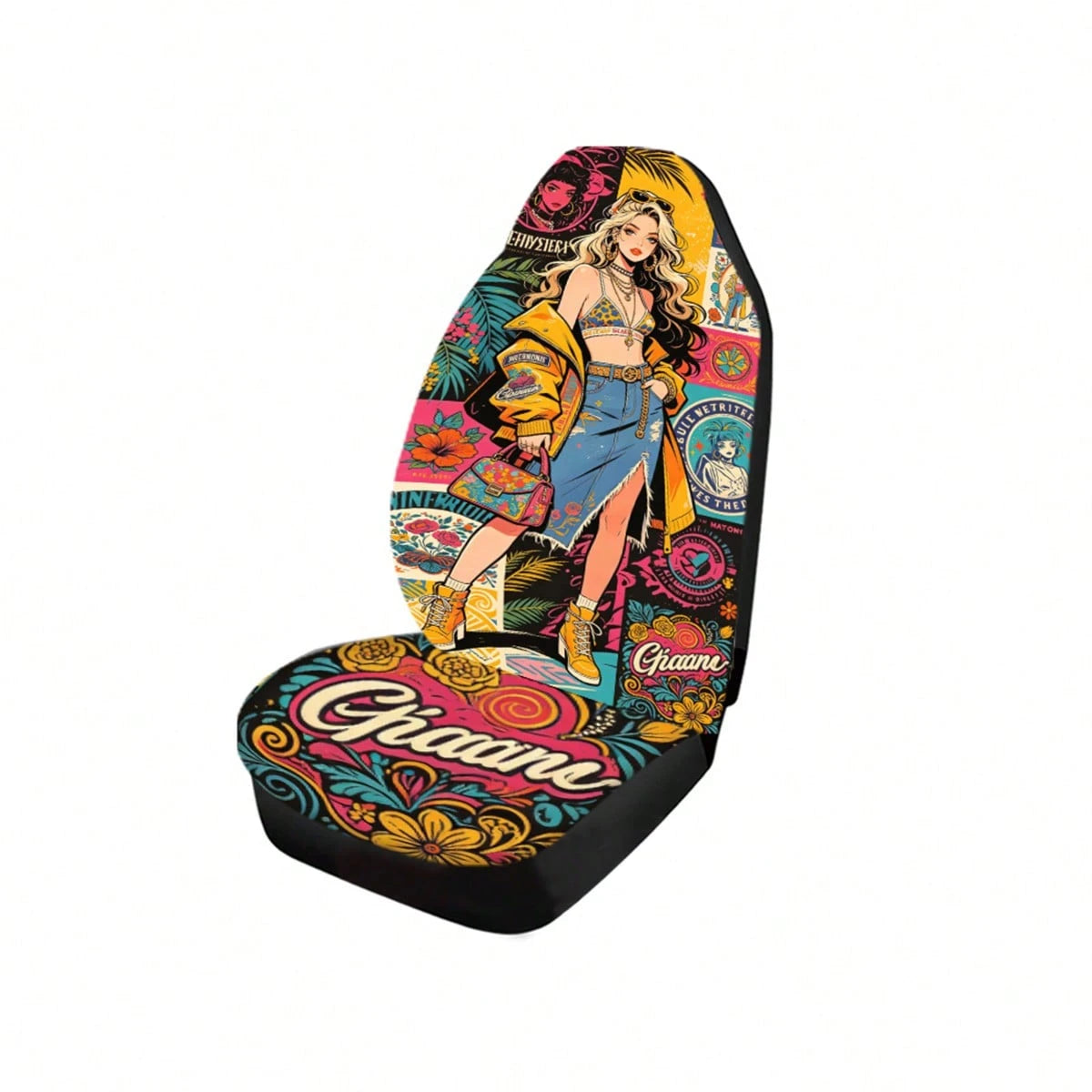 2pcs Full Coverage Car Seat Covers, Oil Painting & Cute Anime Girl Print, Classic Cartoon Personalized Creative Design Universal Car Seat Cushion Protector, Car Accessories, Ice Silk Fabric, Breathabl