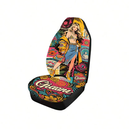 2pcs Full Coverage Car Seat Covers, Oil Painting & Cute Anime Girl Print, Classic Cartoon Personalized Creative Design Universal Car Seat Cushion Protector, Car Accessories, Ice Silk Fabric, Breathabl