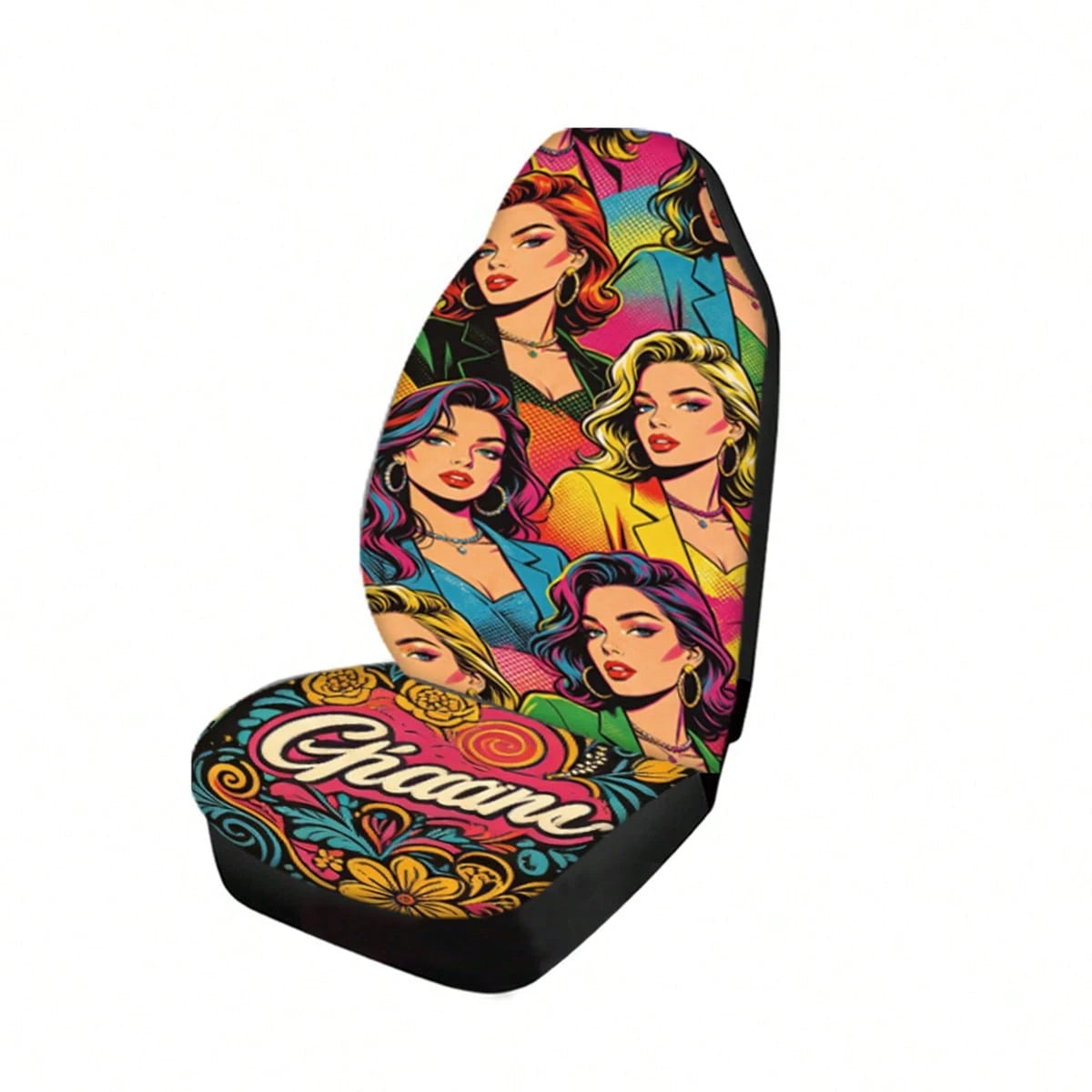 2pcs Full Coverage Car Seat Covers, Oil Painting & Cute Anime Girl Print, Classic Cartoon Personalized Creative Design Universal Car Seat Cushion Protector, Car Accessories, Ice Silk Fabric, Breathabl