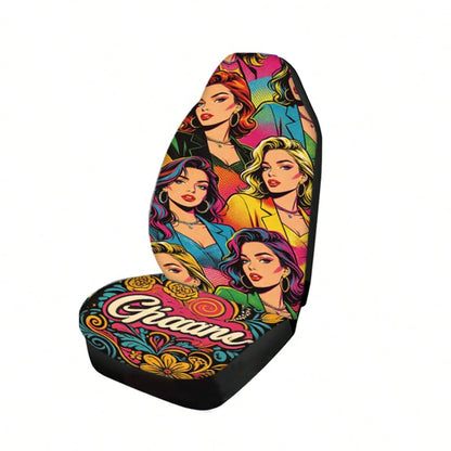 2pcs Full Coverage Car Seat Covers, Oil Painting & Cute Anime Girl Print, Classic Cartoon Personalized Creative Design Universal Car Seat Cushion Protector, Car Accessories, Ice Silk Fabric, Breathabl