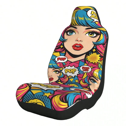 2pcs Full Coverage Car Seat Covers, Oil Painting & Cute Anime Girl Print, Classic Cartoon Personalized Creative Design Universal Car Seat Cushion Protector, Car Accessories, Ice Silk Fabric, Breathabl