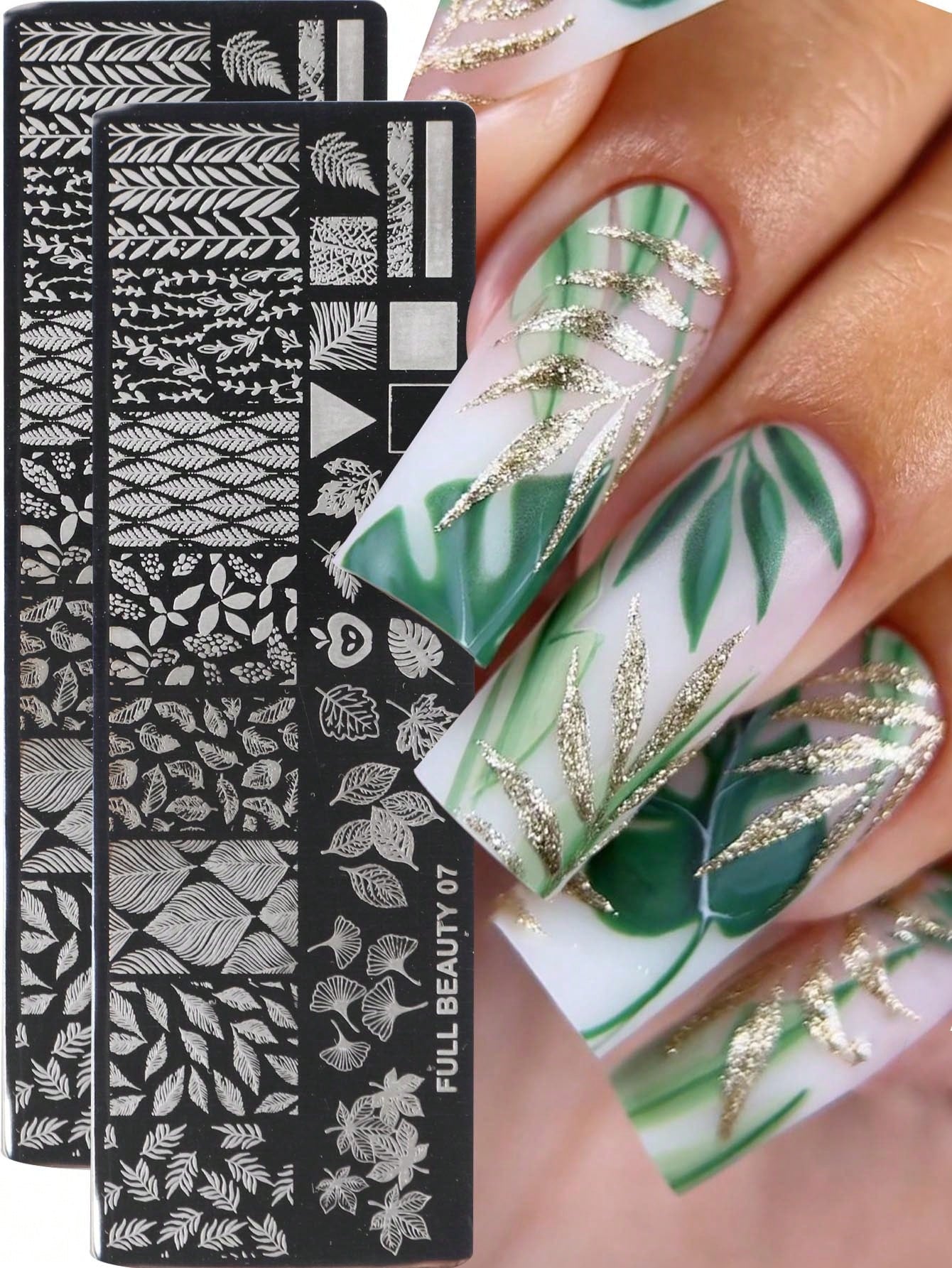 2pcs Green Leaves Stainless Steel Nail Art Stamping Plate Maple Leaves Ginkgo Leaves Palm Leaves Monstera Leaves Image Print Nail Template Stamp,Nail Polish Transfer, DIY Nail Charm Mold Stencil Tools