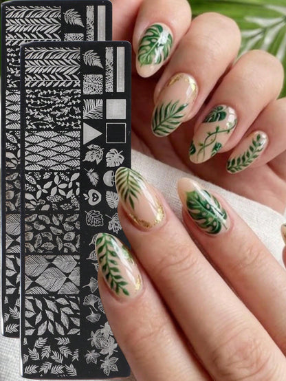 2pcs Green Leaves Stainless Steel Nail Art Stamping Plate Maple Leaves Ginkgo Leaves Palm Leaves Monstera Leaves Image Print Nail Template Stamp,Nail Polish Transfer, DIY Nail Charm Mold Stencil Tools