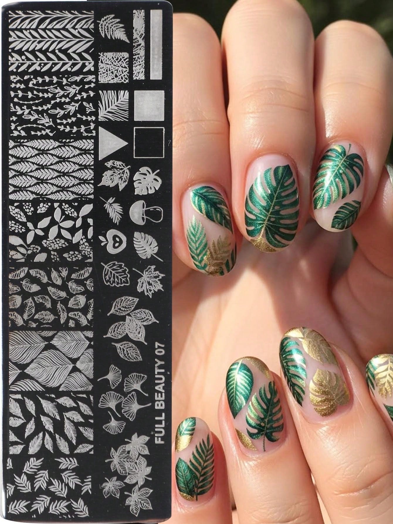 2pcs Green Leaves Stainless Steel Nail Art Stamping Plate Maple Leaves Ginkgo Leaves Palm Leaves Monstera Leaves Image Print Nail Template Stamp,Nail Polish Transfer, DIY Nail Charm Mold Stencil Tools