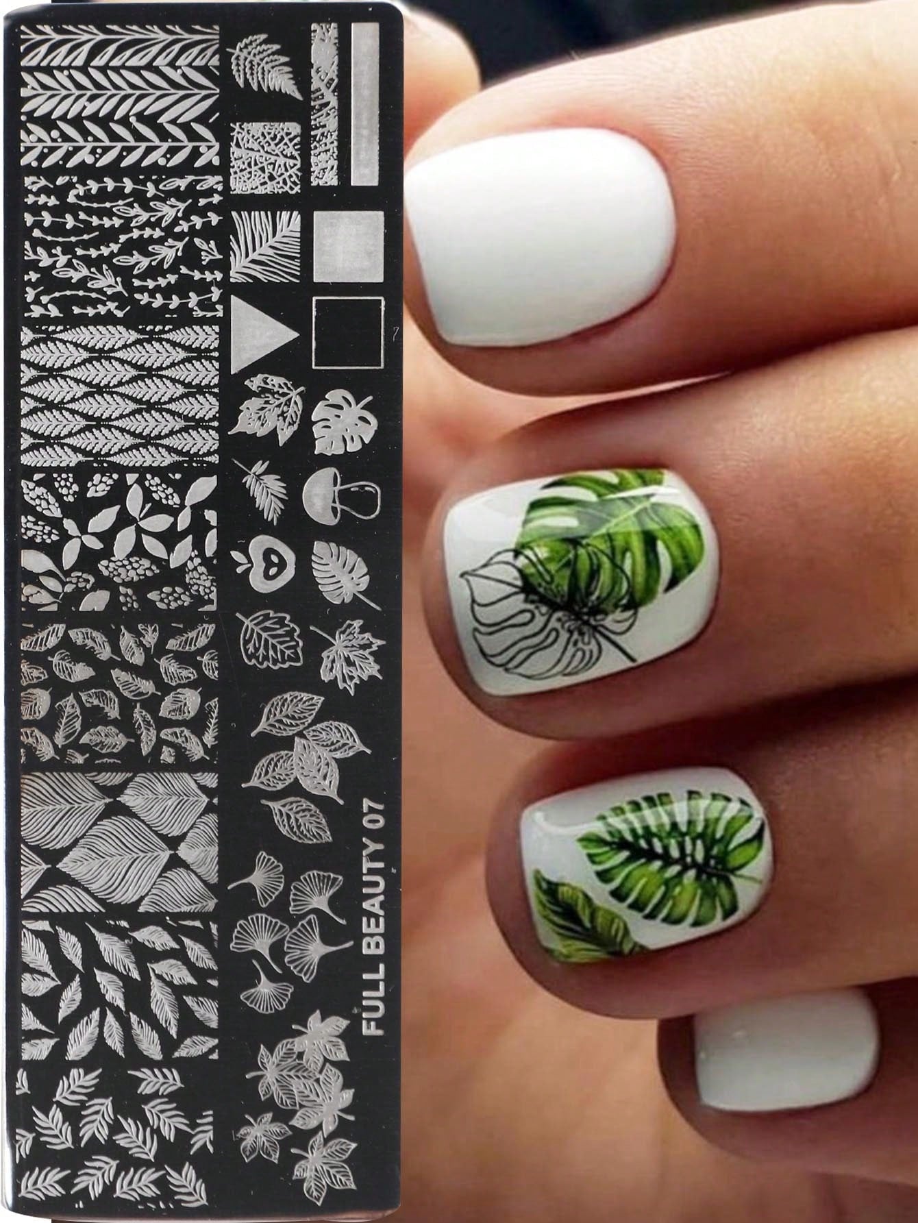 2pcs Green Leaves Stainless Steel Nail Art Stamping Plate Maple Leaves Ginkgo Leaves Palm Leaves Monstera Leaves Image Print Nail Template Stamp,Nail Polish Transfer, DIY Nail Charm Mold Stencil Tools