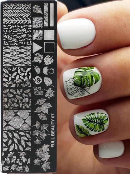 2pcs Green Leaves Stainless Steel Nail Art Stamping Plate Maple Leaves Ginkgo Leaves Palm Leaves Monstera Leaves Image Print Nail Template Stamp,Nail Polish Transfer, DIY Nail Charm Mold Stencil Tools