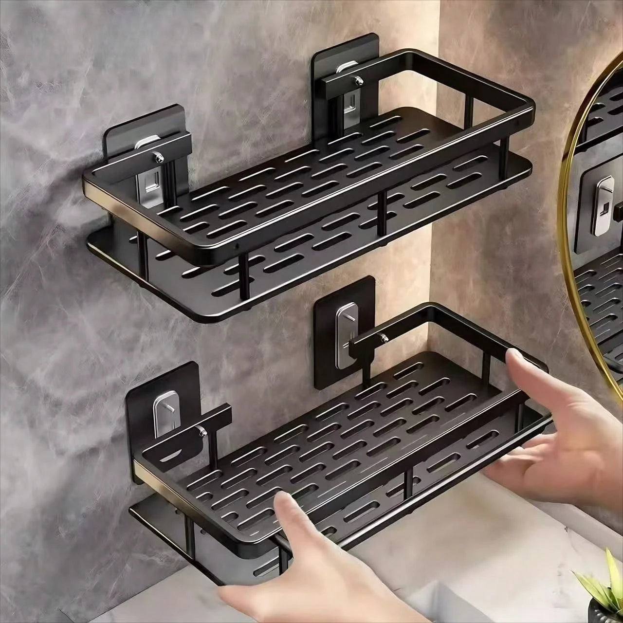 2pcs Hole-Free Bathroom Storage Rack, Waterproof Bathroom Adhesive Shelf, Shampoo And Shower Gel Rack, Multi-Function Hanging Rack, Storage Rack, Shower Rack (Black), Shower Rack