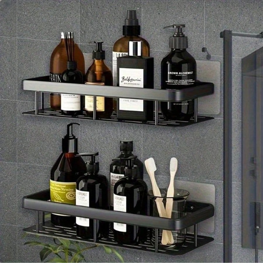 2pcs Hole-Free Bathroom Storage Rack, Waterproof Bathroom Adhesive Shelf, Shampoo And Shower Gel Rack, Multi-Function Hanging Rack, Storage Rack, Shower Rack (Black), Shower Rack