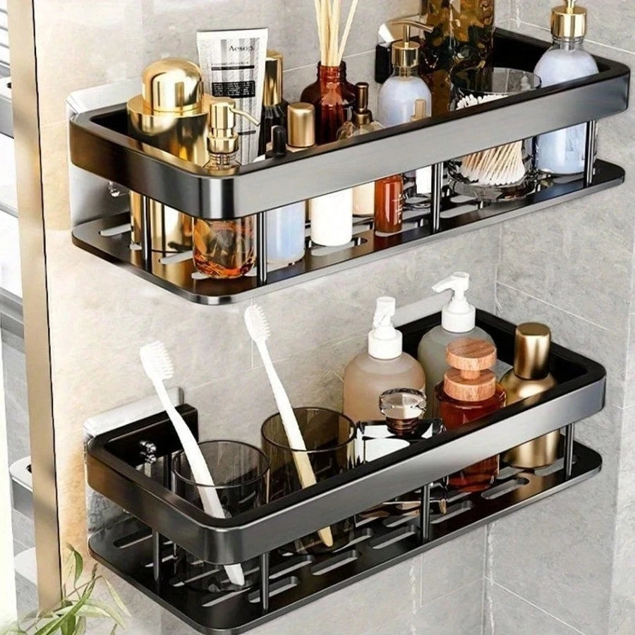 2pcs Hole-Free Bathroom Storage Rack, Waterproof Bathroom Adhesive Shelf, Shampoo And Shower Gel Rack, Multi-Function Hanging Rack, Storage Rack, Shower Rack (Black), Shower Rack