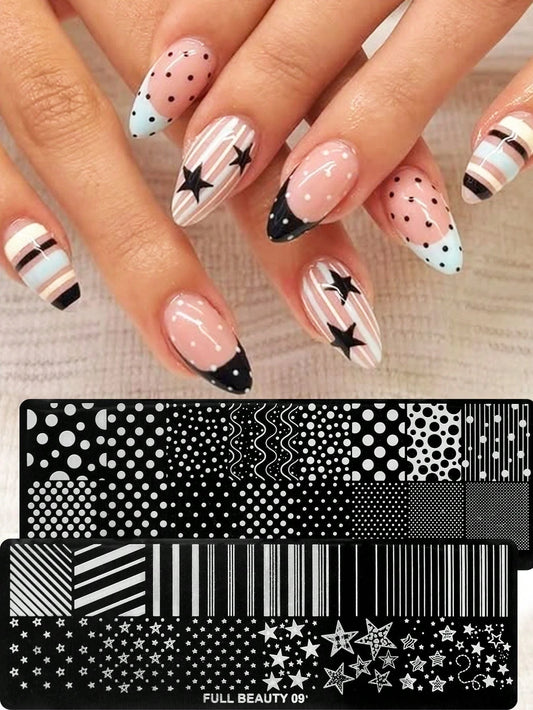 2PCS Korean Style Star & Polka Dot Nail Stamping Plate Y2K Five-Point Star Line Stripe Nail Art Stamp Stencil Transfer Printing Templates Cute Round Dot Wave Pattern Design Suitable For Nail Salons Na