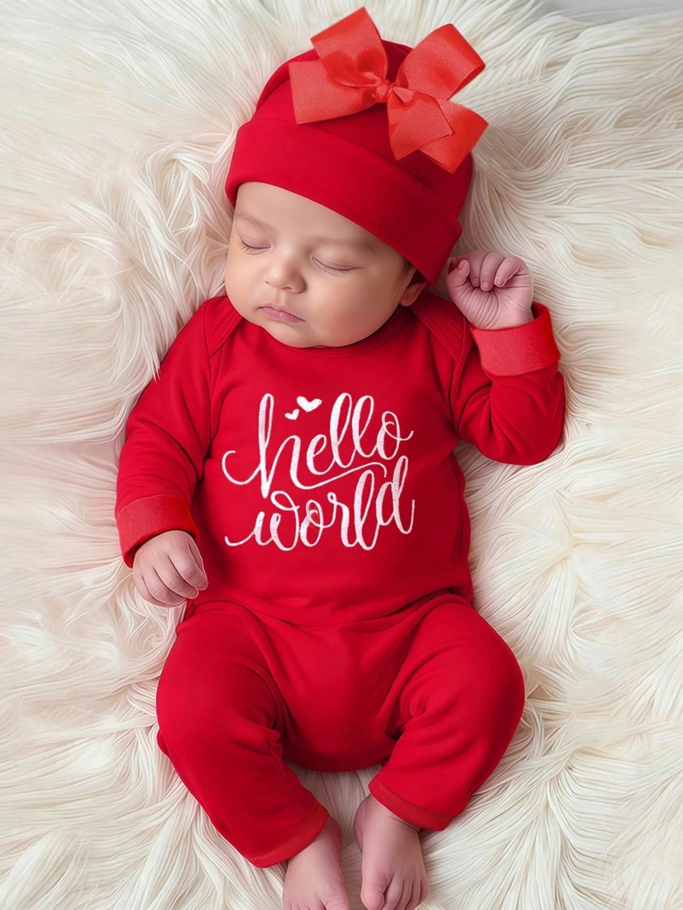 2pcs Newborn Baby Girl Outfit Embroidered Letter Jumpsuit & Bow Hat Red And White Autumn Funny Graphic Family Matching Sweet Princess Style 0-3 Months