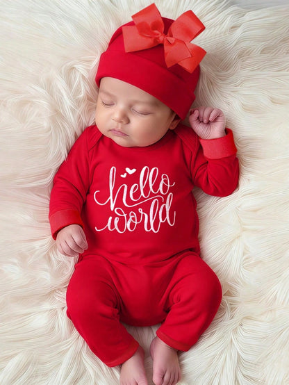 2pcs Newborn Baby Girl Outfit Embroidered Letter Jumpsuit & Bow Hat Red And White Autumn Funny Graphic Family Matching Sweet Princess Style 0-3 Months