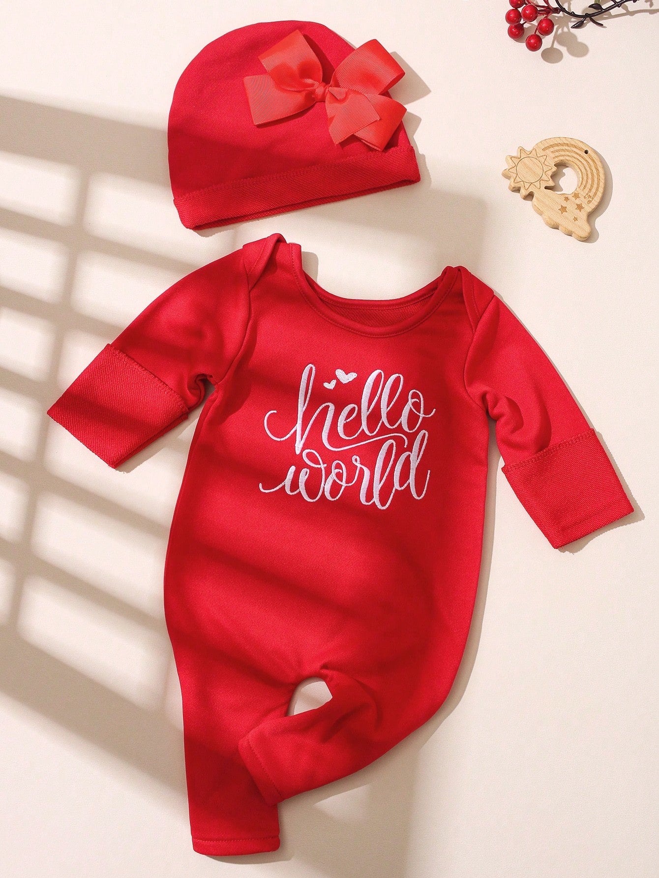 2pcs Newborn Baby Girl Outfit Embroidered Letter Jumpsuit & Bow Hat Red And White Autumn Funny Graphic Family Matching Sweet Princess Style 0-3 Months