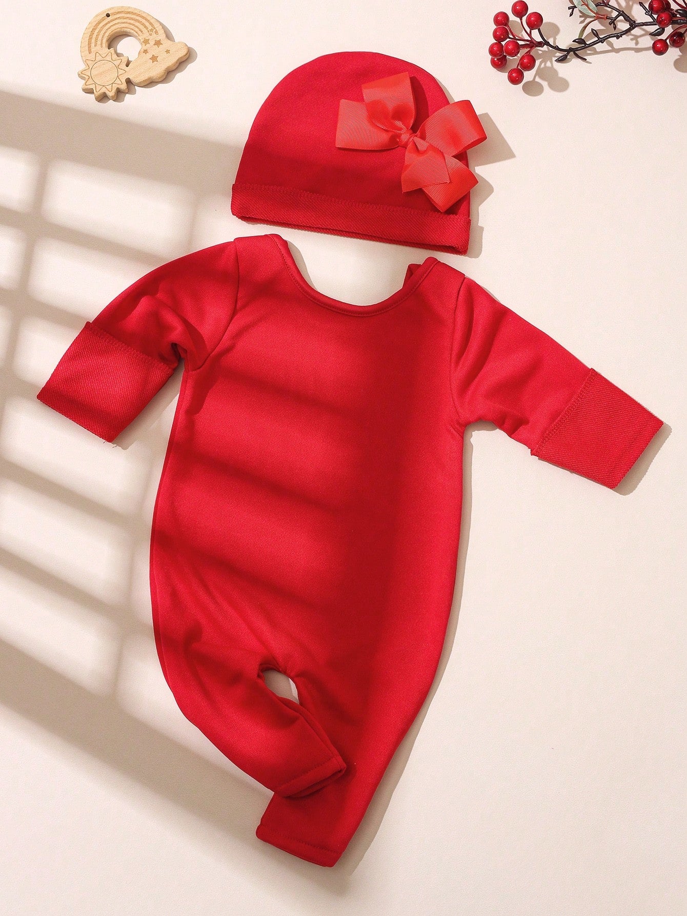 2pcs Newborn Baby Girl Outfit Embroidered Letter Jumpsuit & Bow Hat Red And White Autumn Funny Graphic Family Matching Sweet Princess Style 0-3 Months