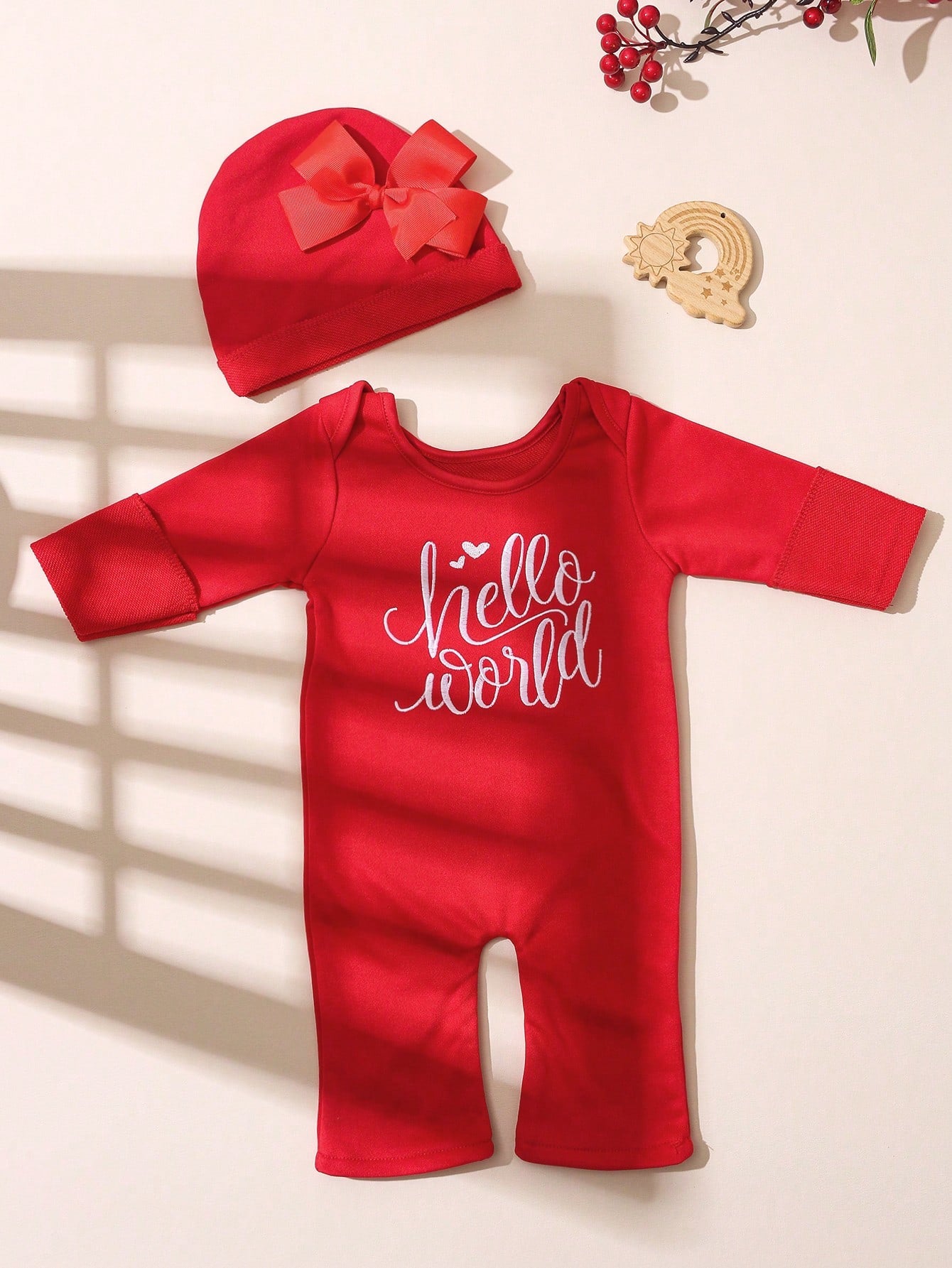 2pcs Newborn Baby Girl Outfit Embroidered Letter Jumpsuit & Bow Hat Red And White Autumn Funny Graphic Family Matching Sweet Princess Style 0-3 Months