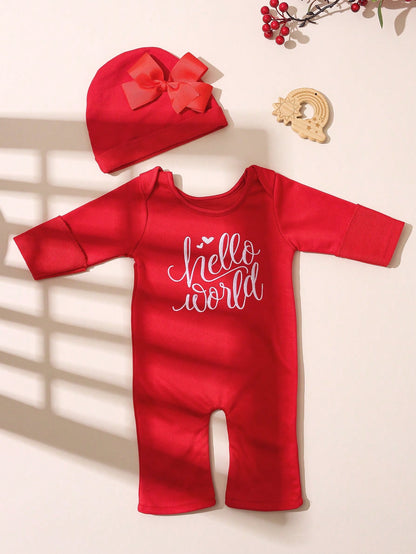2pcs Newborn Baby Girl Outfit Embroidered Letter Jumpsuit & Bow Hat Red And White Autumn Funny Graphic Family Matching Sweet Princess Style 0-3 Months