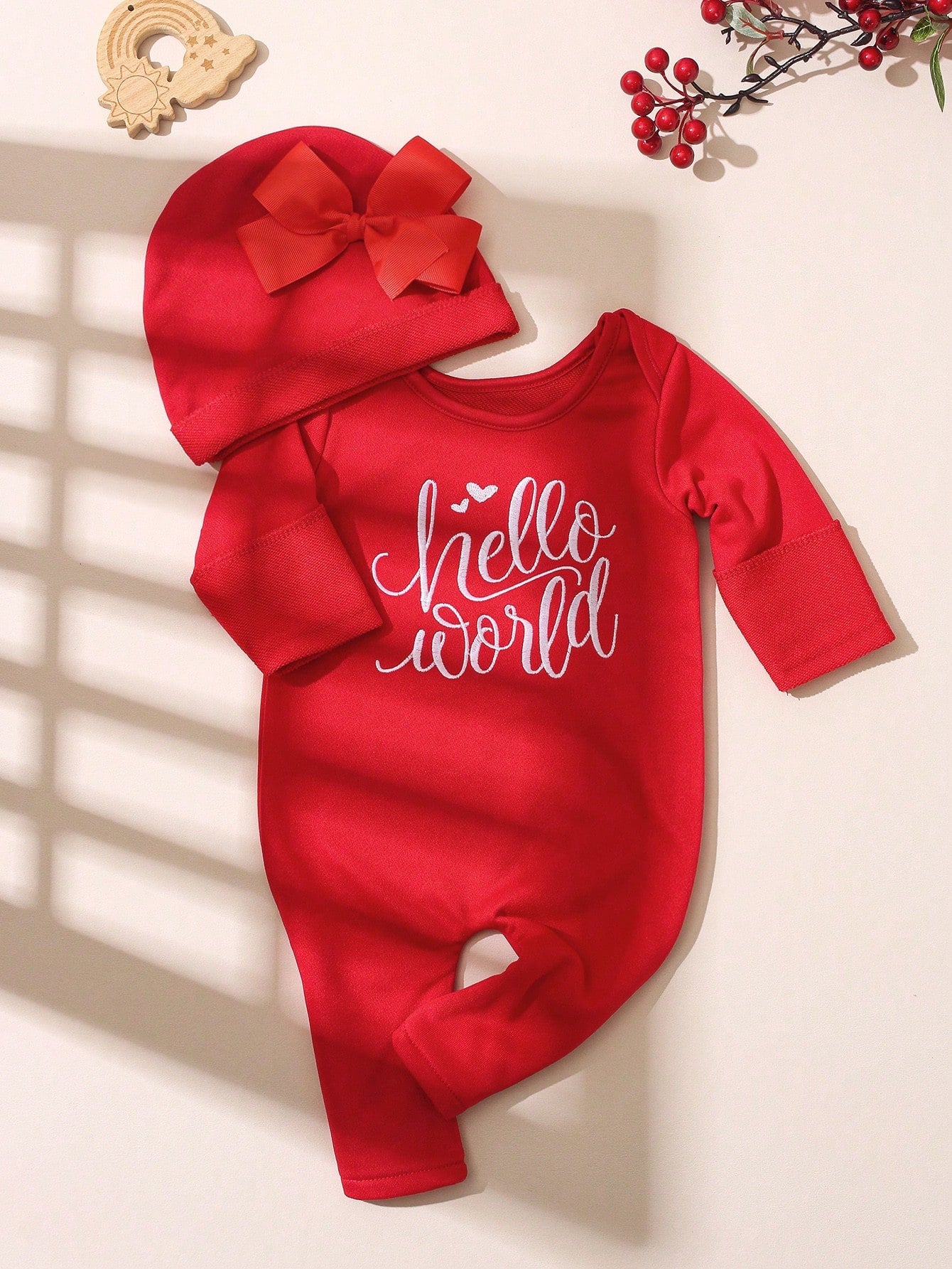 2pcs Newborn Baby Girl Outfit Embroidered Letter Jumpsuit & Bow Hat Red And White Autumn Funny Graphic Family Matching Sweet Princess Style 0-3 Months