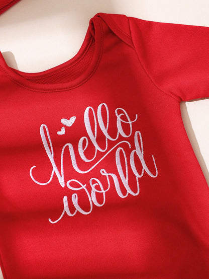 2pcs Newborn Baby Girl Outfit Embroidered Letter Jumpsuit & Bow Hat Red And White Autumn Funny Graphic Family Matching Sweet Princess Style 0-3 Months