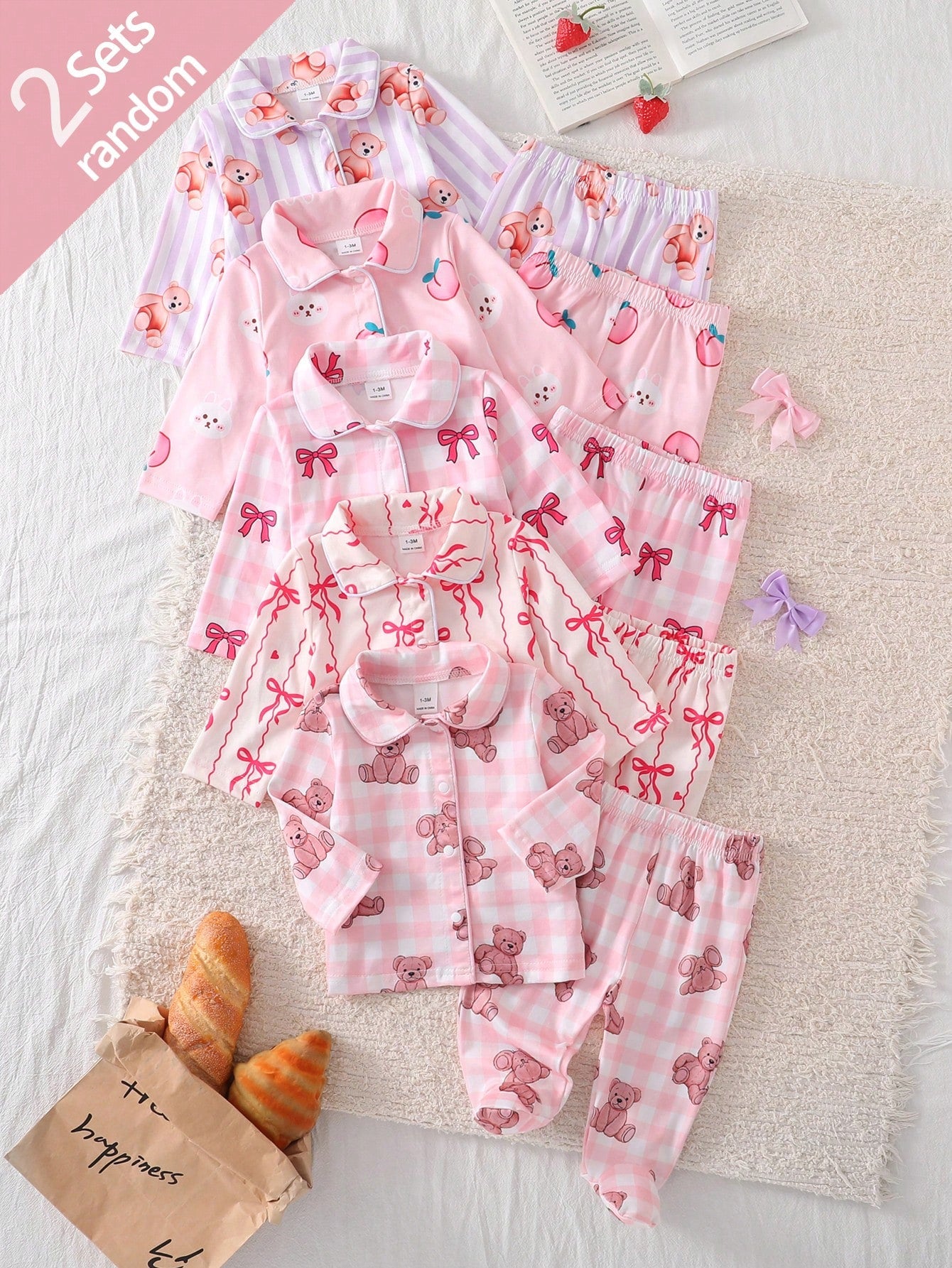 2pcs Newborn Baby Girls' Cute Bow Print Long Sleeve Top And Pants Casual Comfortable Homewear Set