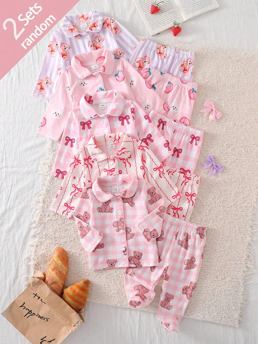 2pcs Newborn Baby Girls' Cute Bow Print Long Sleeve Top And Pants Casual Comfortable Homewear Set