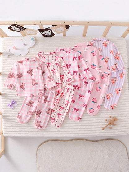 2pcs Newborn Baby Girls' Cute Bow Print Long Sleeve Top And Pants Casual Comfortable Homewear Set