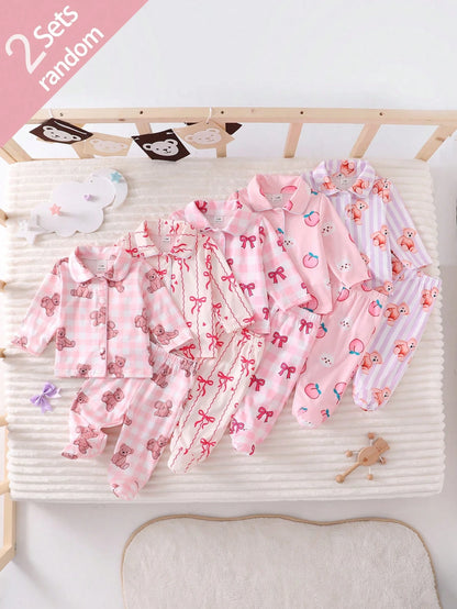 2pcs Newborn Baby Girls' Cute Bow Print Long Sleeve Top And Pants Casual Comfortable Homewear Set
