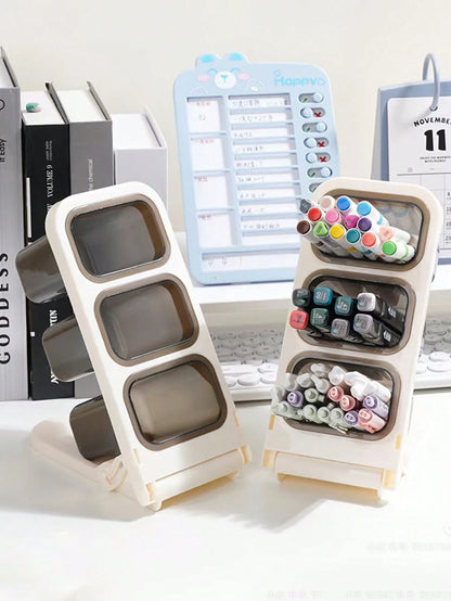 2pcs Pen Holder, Desktop Storage Box, 3-Compartment Office Desk Pen Cup- Stationery Organizer- Can Hold Markers, Pencils, Pens, School Supplies- Large Capacity Desk Pen Box- Makeup Storage, Office