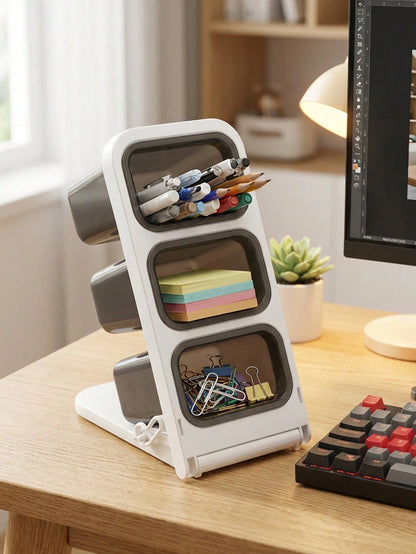 2pcs Pen Holder, Desktop Storage Box, 3-Compartment Office Desk Pen Cup- Stationery Organizer- Can Hold Markers, Pencils, Pens, School Supplies- Large Capacity Desk Pen Box- Makeup Storage, Office