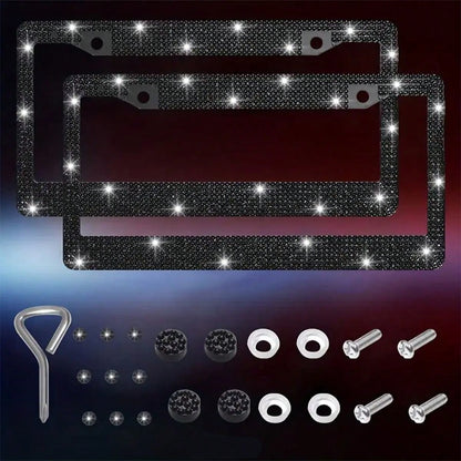 2Pcs Rhinestone Stainless Steel License Plate Frame- Acrylic Diamond Decorative Car Tag Holder With 2 Hole Design, Multi-Color Options & Full Installation Kit (Fits Most Cars, SUVs, Trucks)- Glamoro