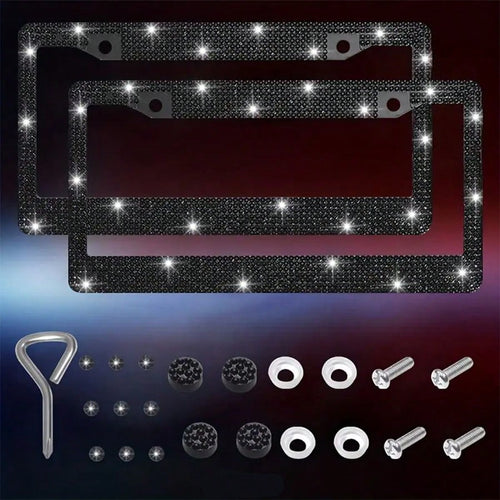2Pcs Rhinestone Stainless Steel License Plate Frame- Acrylic Diamond Decorative Car Tag Holder With 2 Hole Design, Multi-Color Options & Full Installation Kit (Fits Most Cars, SUVs, Trucks)- Glamoro