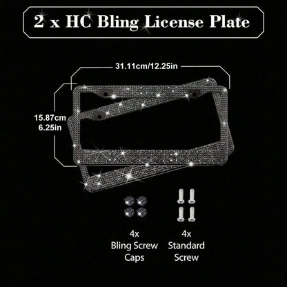 2Pcs Rhinestone Stainless Steel License Plate Frame- Acrylic Diamond Decorative Car Tag Holder With 2 Hole Design, Multi-Color Options & Full Installation Kit (Fits Most Cars, SUVs, Trucks)- Glamoro
