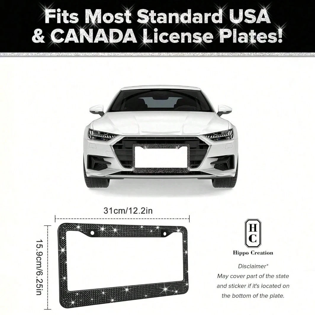 2Pcs Rhinestone Stainless Steel License Plate Frame- Acrylic Diamond Decorative Car Tag Holder With 2 Hole Design, Multi-Color Options & Full Installation Kit (Fits Most Cars, SUVs, Trucks)- Glamoro