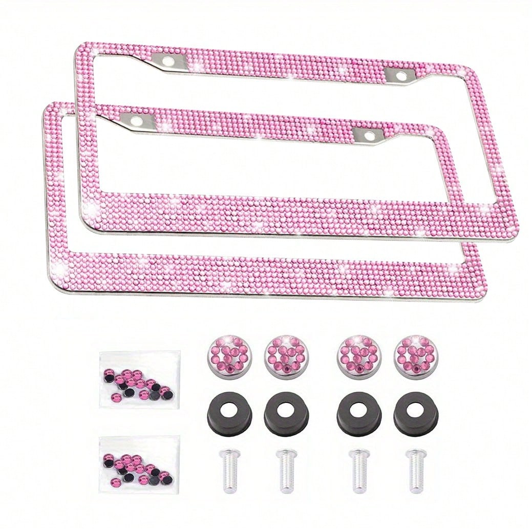 2Pcs Rhinestone Stainless Steel License Plate Frame- Acrylic Diamond Decorative Car Tag Holder With 2 Hole Design, Multi-Color Options & Full Installation Kit (Fits Most Cars, SUVs, Trucks)- Glamoro
