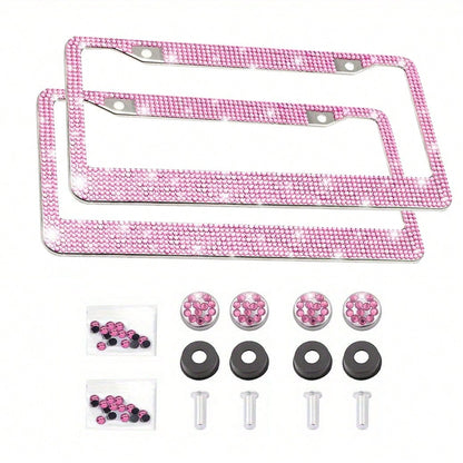 2Pcs Rhinestone Stainless Steel License Plate Frame- Acrylic Diamond Decorative Car Tag Holder With 2 Hole Design, Multi-Color Options & Full Installation Kit (Fits Most Cars, SUVs, Trucks)- Glamoro