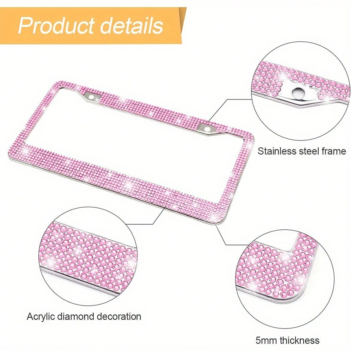 2Pcs Rhinestone Stainless Steel License Plate Frame- Acrylic Diamond Decorative Car Tag Holder With 2 Hole Design, Multi-Color Options & Full Installation Kit (Fits Most Cars, SUVs, Trucks)- Glamoro