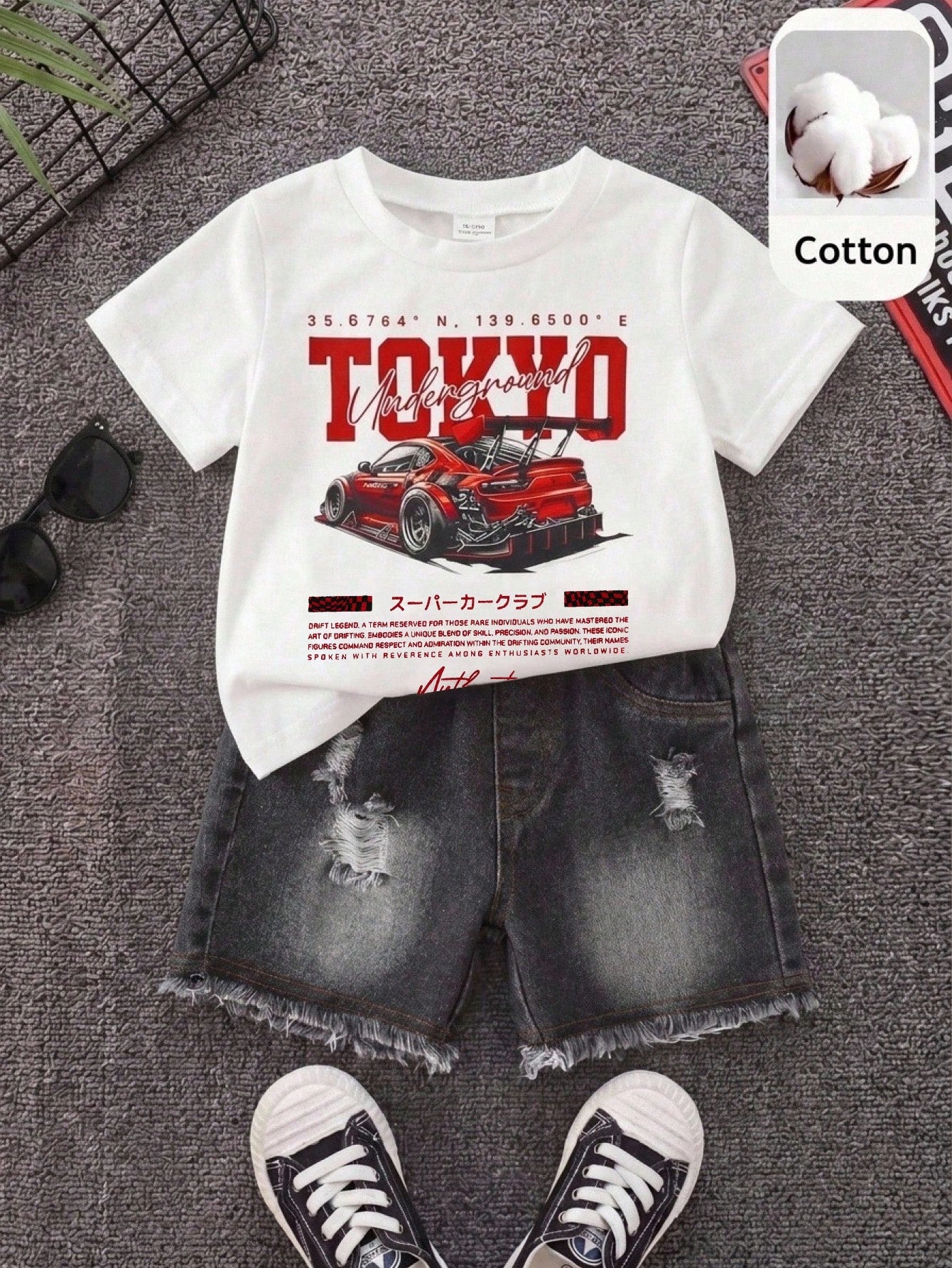 2pcs/Set Baby Boy Baby Boy Street Style Cute Versatile Knit Car Print T-Shirt And Denim Shorts Set, Tank Top Set, Denim Set, Racing Set Suitable For Spring Summer Autumn