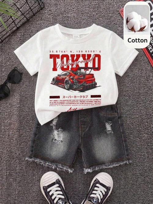 2pcs/Set Baby Boy Baby Boy Street Style Cute Versatile Knit Car Print T-Shirt And Denim Shorts Set, Tank Top Set, Denim Set, Racing Set Suitable For Spring Summer Autumn