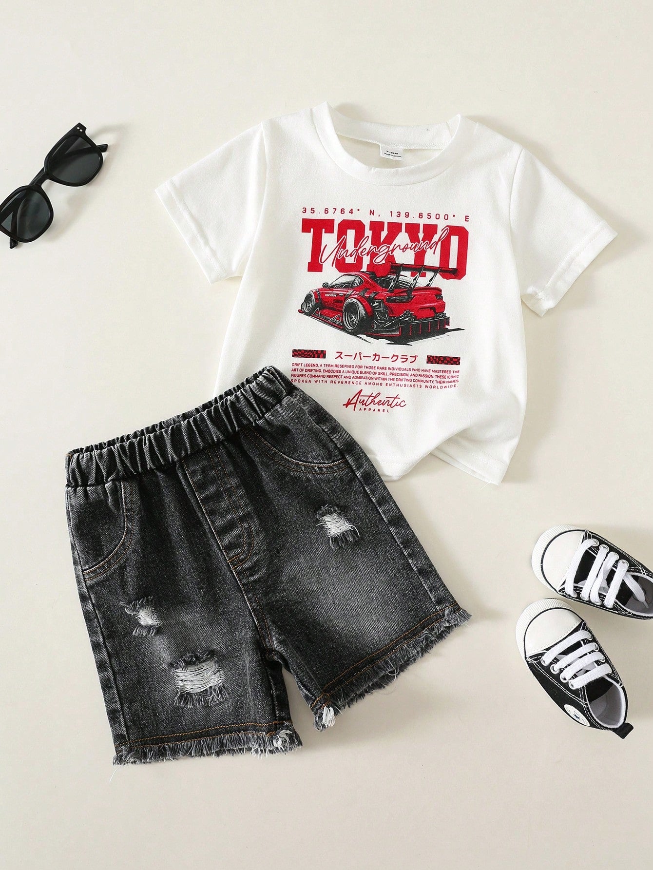 2pcs/Set Baby Boy Baby Boy Street Style Cute Versatile Knit Car Print T-Shirt And Denim Shorts Set, Tank Top Set, Denim Set, Racing Set Suitable For Spring Summer Autumn