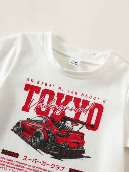 2pcs/Set Baby Boy Baby Boy Street Style Cute Versatile Knit Car Print T-Shirt And Denim Shorts Set, Tank Top Set, Denim Set, Racing Set Suitable For Spring Summer Autumn