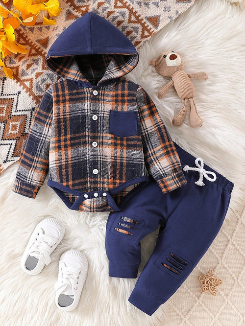 2pcs/Set Baby Boy Contrast Color Hooded Plaid Bodysuit + Ripped Long Pants