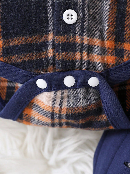 2pcs/Set Baby Boy Contrast Color Hooded Plaid Bodysuit + Ripped Long Pants