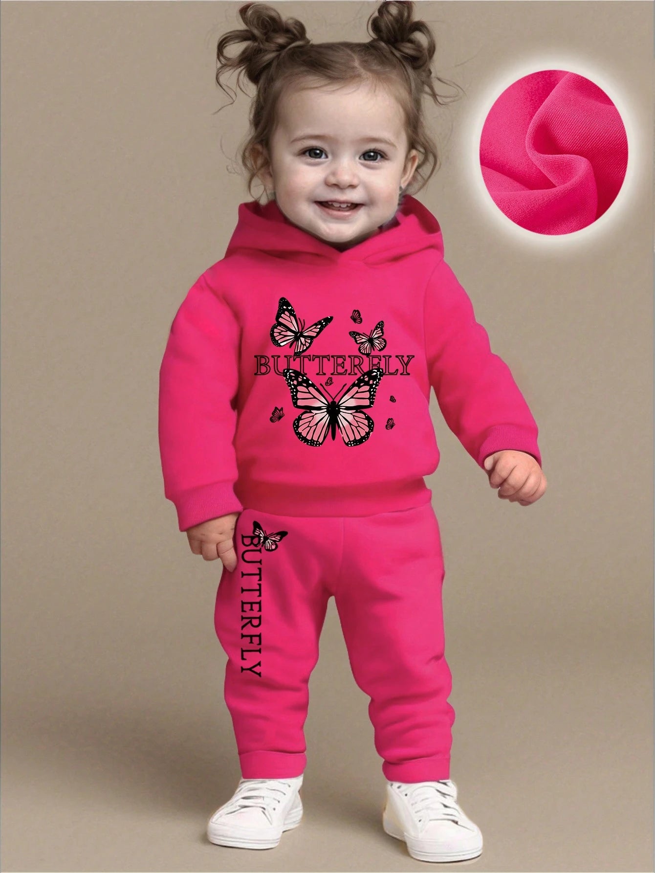 2pcs/Set Baby Girl Adorable Butterfly & Letter Print Hooded Sweatshirt And Pants Set, Casual Warm Outfit For Autumn/Winter