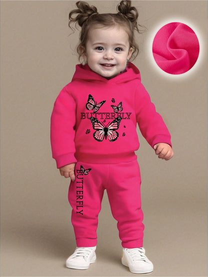 2pcs/Set Baby Girl Adorable Butterfly & Letter Print Hooded Sweatshirt And Pants Set, Casual Warm Outfit For Autumn/Winter